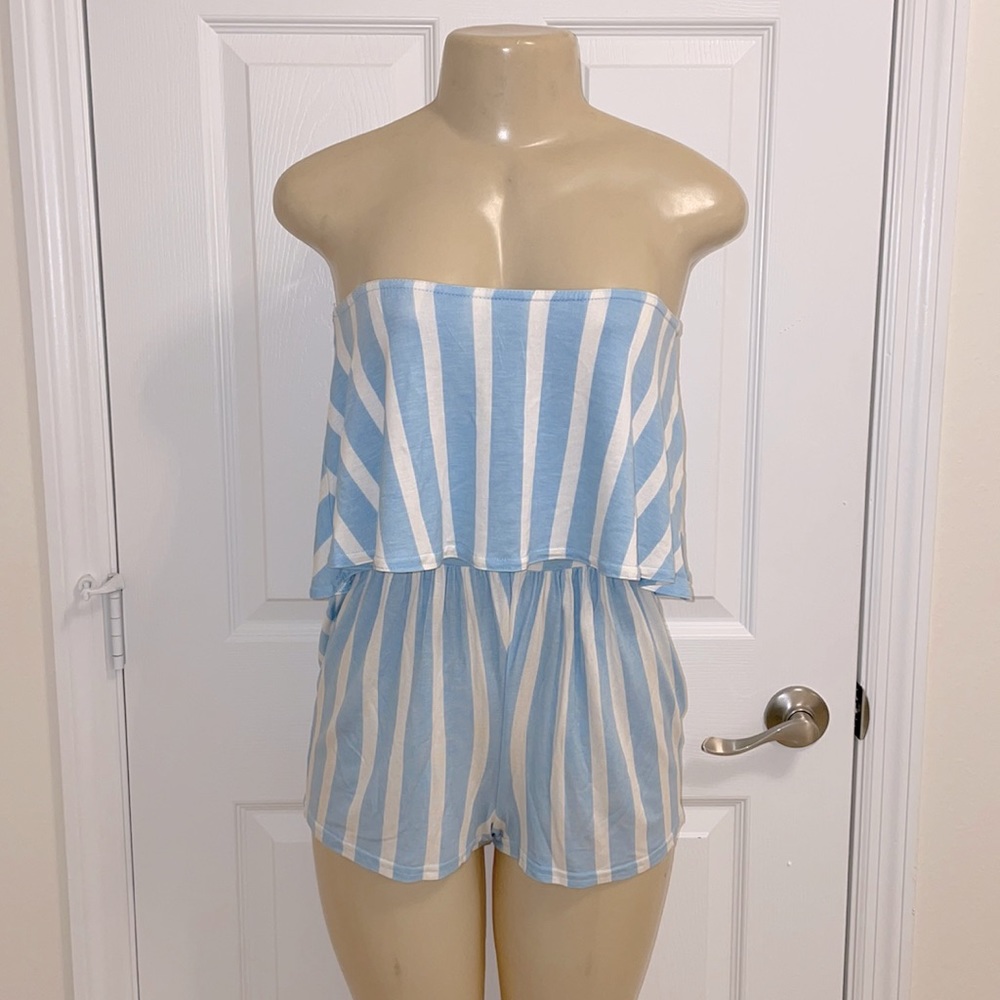 PrettyLittleThing blue and white stripe romper